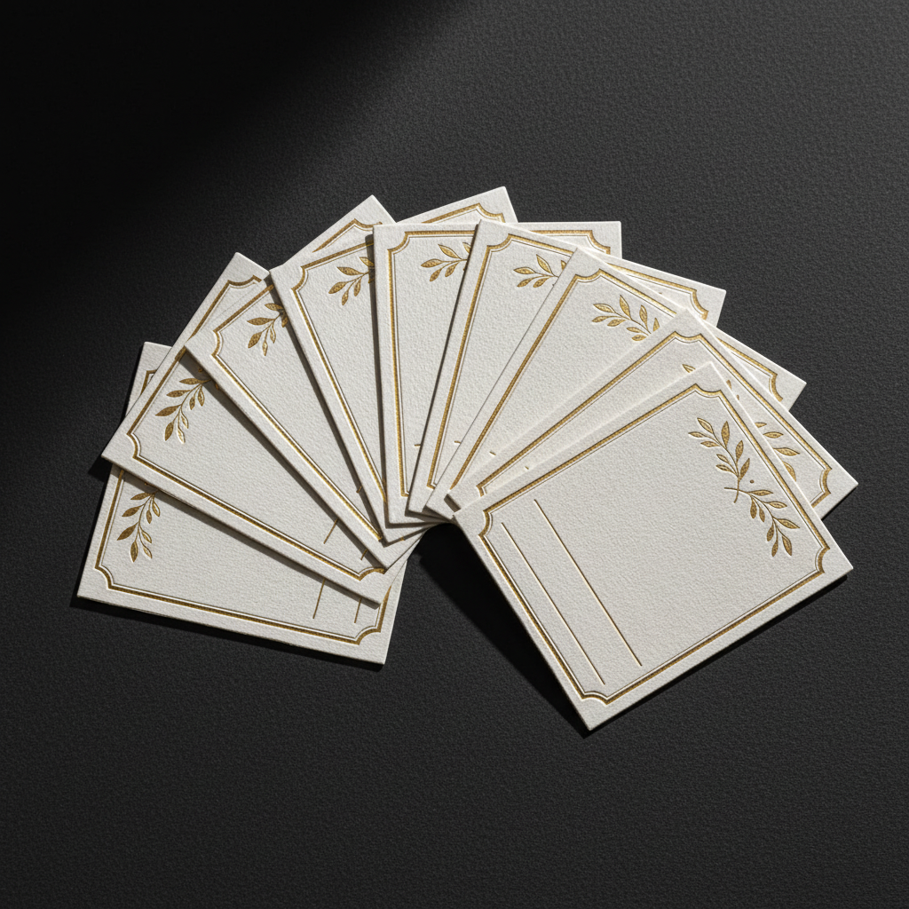 Stack de etiquetas premium en abanico sobre fondo oscuro